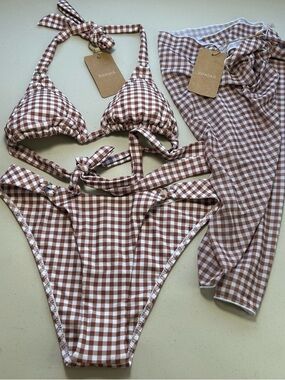 Rihoas Brown White Gingham 3 Piece Bikini Set Halter Triangle Top Small